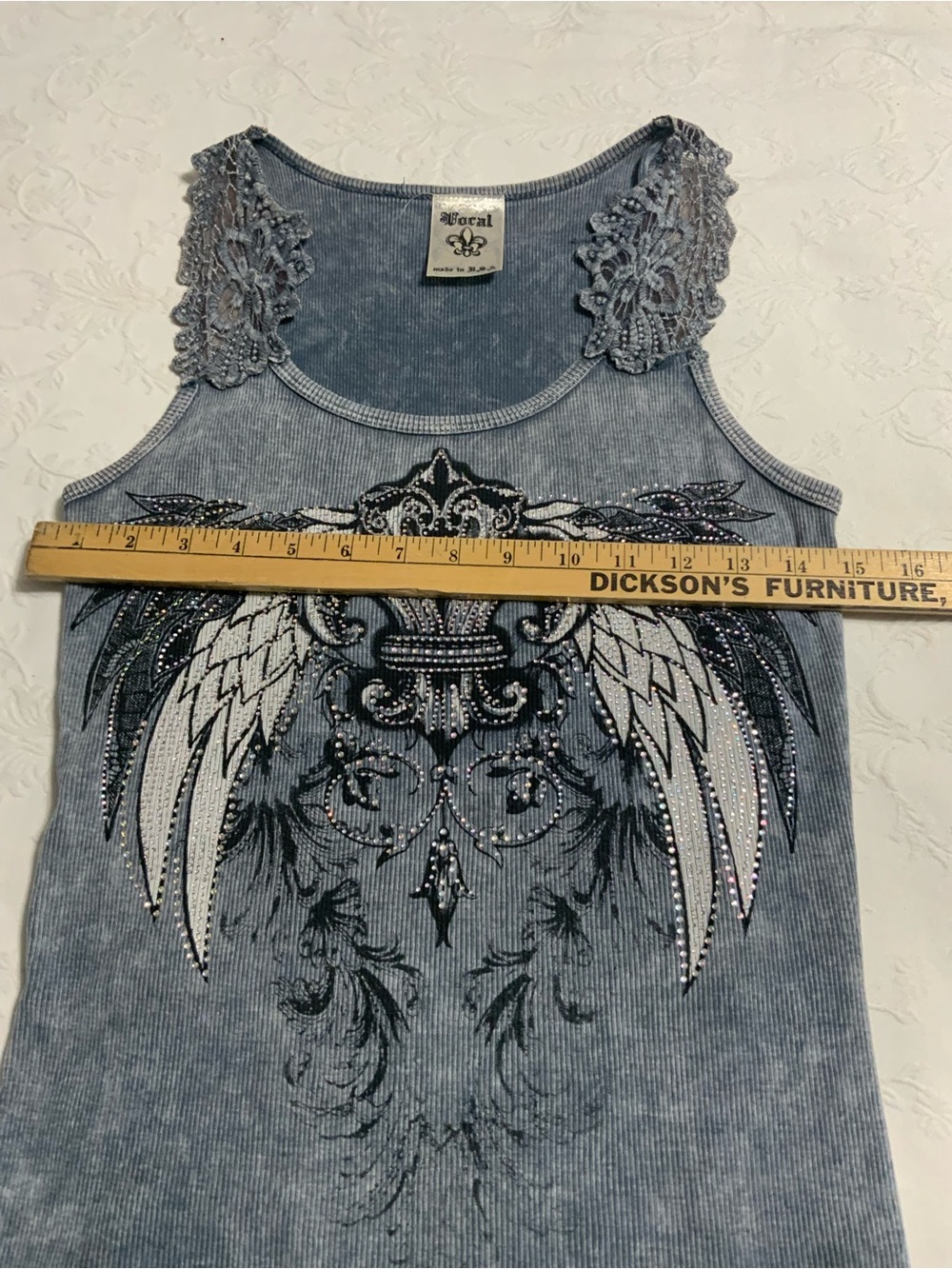 Vocal Grey Lace-Shoulder Embellished Fleur-de-Lis Tank - Picture 3 of 5